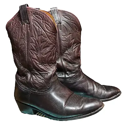 Vtg Nacona Boot Oxblood Leather Flame Stitch Cowboy Western Mens Sz 9.5D Rodeo • $49.98