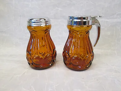 Moon And Stars GOLDEN AMBER SYRUP PITCHER & SUGAR SHAKER W/ Lids LE Smith Glass  • $169.99