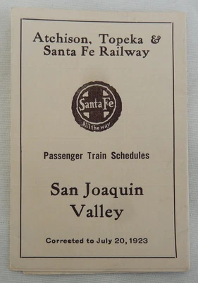 $14.95 • Buy 1923 Atchison Topeka & Santa Fe Passenger Train Schedule San Joaquin Valley