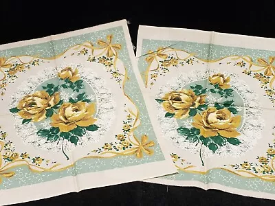 2 Vintage 1940s Cotton Print Pillow Sham Panels Yellow Roses Ribbons Estate Find • $4.99