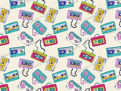80s Music Cassette Tapes Background Pattern Edible Icing Cake Topper • £4.15