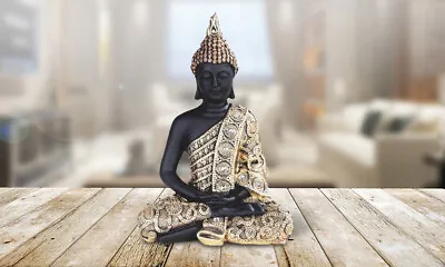 Black & Gold  Meditation Buddha Statue Finish 9.5 H Tabletop Figurine Room Decor • $38.12