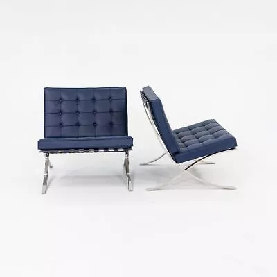 2016 Pair Of Knoll Mies Van Der Rohe Barcelona Lounge Chairs Blue With Stainless • $12000