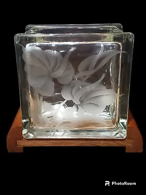 Vintage Anthurium Etched Glass Block Vase With Wood Base Frank Oda? Hawaii • $99.99