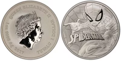 2017 Tuvalu Marvel Series Spiderman 1 Oz Silver Coin • $32