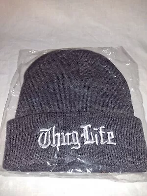 Thug Life Knit Midnight Gray Beanie Hat Cap Embroidered Cuffed 2pac Hip Hop Dj • $2.99