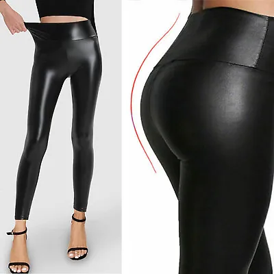 Womens High Waist Wet Look Pants Faux Leather Skinny Leggings Pencil Trousers • $14.95