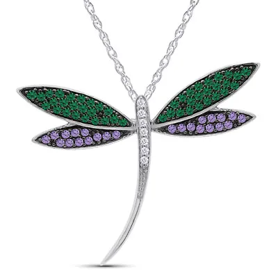 Round Amethyst & Emerald & Simulated Vintage Dragonfly Pin Pave Set Pendant • $172.43