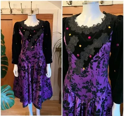 1980s Vintage Prom Hen Party Kitsch Velvet Purple Black Dress Uk 12 • £30