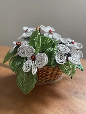 Vintage Glass Bead Flower Basket Handmade In Portugal 6 X 6 White Green Red  • $35