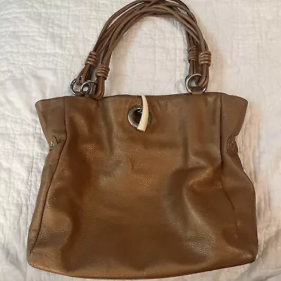 Paolo Masi Designer Tan/Gold Shimmer Leather Handbag Purse Horn Silver Hardware • $40