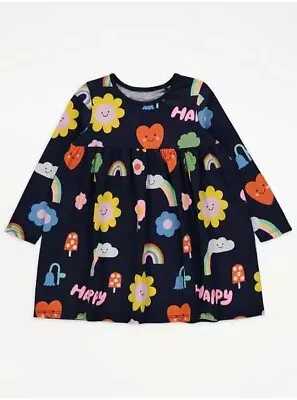 Bnwt Girls Age 12-18 Months Navy Blue Pretty Rainbowflowers Print Dress • £0.99