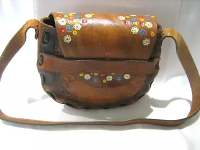 Vintage 70’s Hand Painted Floral Tooled Embossed Leather Purse Bag • $53.98