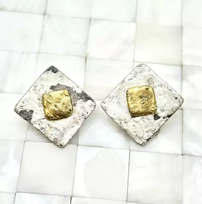 Silver & Gold Tone Hammered Clip On Earrings The Vintage Strand Lot #3709 • $11.24