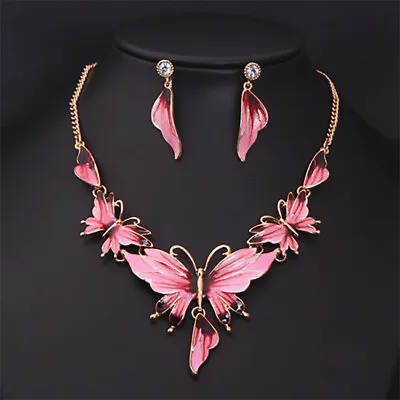 £5.99 • Buy Large Elegant Pink Blue Butterflies Necklace And Earrings Set Costume Jewellery