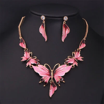 £5.99 • Buy Large Elegant Pink Blue Butterflies Necklace And Earrings Set Costume Jewellery