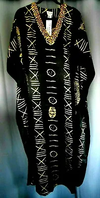 New Muu Mumu  3x Sante Kaftan House Dress Black V Neck Sequins Gold Beads • $21.99