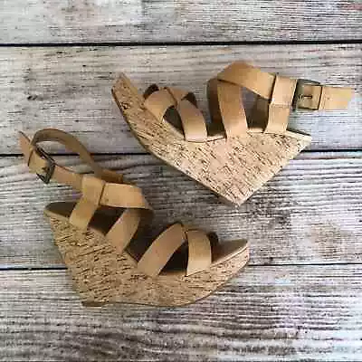 Me Too Tan Strappy Leather & Cork Wedge Heel Sandal Womens 6 • $44