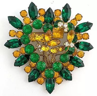 Massive Vintage Heart Brooch Pendant Greens Yellow Floral Brass Amazing 8613 • $125