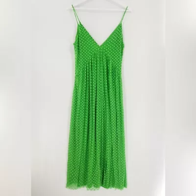 Zara Green Polka Dot Mesh Lace Pleated Midi Strappy Summer Dress Size S 8 10 12 • $31.10