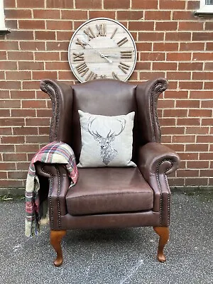 Brown Leather Wingback Armchair Queen Anne Chesterfield Fireside Chair Tan • £300
