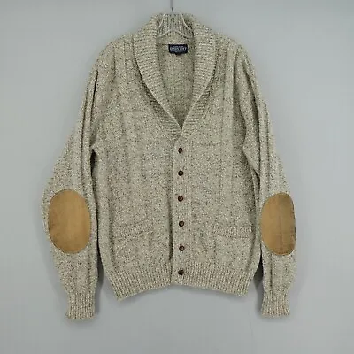 VTG Lands End Wool Cardigan Sweater Mens L Beige Suede Elbow Cableknit Fisherman • $59.99