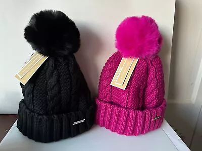 NWT $48 MICHAEL KORS CABLE KNIT FLEECE LINED BEANIE WINTER HAT In PINK & BLACK • $33.99