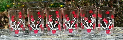 VINTAGE MID CENTURY SWANKY SWIGS TULIP FLOWERS JUICE SET Of 6 • $20.95