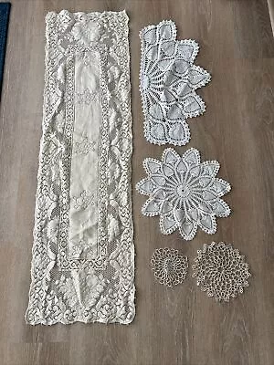 Large Lot Of 5 Vintage Doilies In Various Sizes Ivory White Good Condition. • $16
