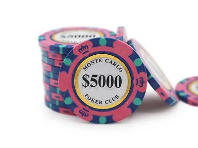 100 Monte Carlo Poker Club 14g Premium Clay Poker Chips - $5000 Denomination • $35.96