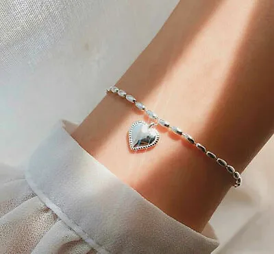 £3.11 • Buy 925 Sterling Silver Heart Bead Linked Charm Bracelet Womens Girls Jewellery Gift