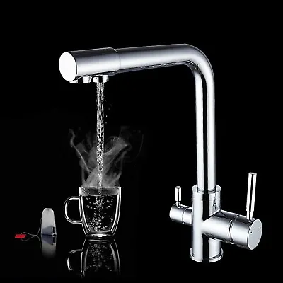 Kitchen Mixer Sink Tap 3 Way Double Handle Pure Water Spout Filter Faucet Chrome • £50