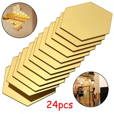 24pcs Golden Hexagon Mirror Wall Acrylic Self Adhesive Mosaic Tiles Stickers • $9.99