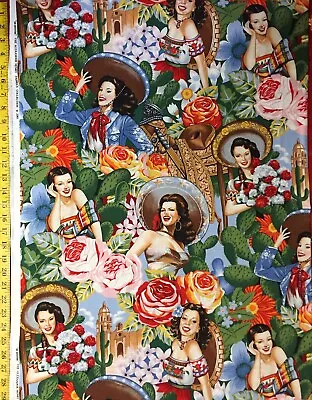 Las Señoritas Bright & Antique Alexander Henry Fabric Spanish Mexican Pinup • $7.99