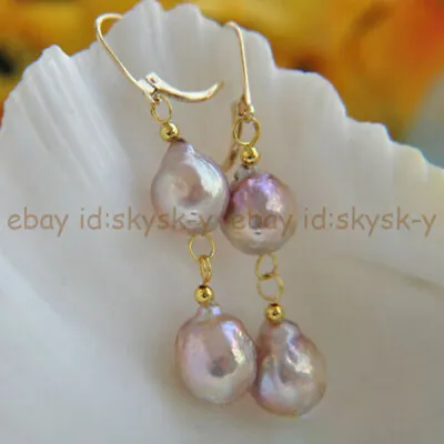 Natural Lavender Purple Keshi Reborn Baroque Pearl Leverback Dangle Earrings • $11.57