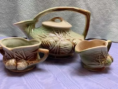 Vintage McCoy Pottery Teapot Cream & Sugar - Pine Cone In Green & Brown • $40