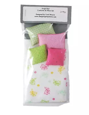 Dollhouse Miniature Single Bed Pillows & Comforter Set Pink & Green S-470 • $24