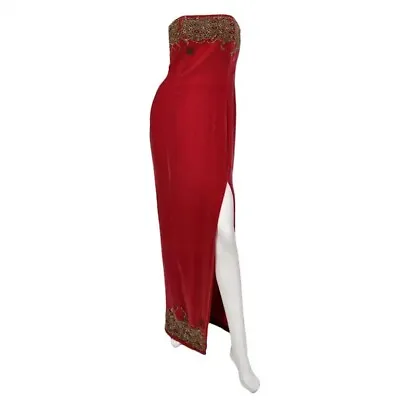 Vintage Zang Toi Embellished With Asian Embroidery Red Velvet Gown Dress Size 6 • $1500