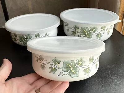 Vintage Set Of 3 Lincoware Nesting Enamel Storage Bowls With Lids Ivy Design • $24