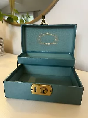 Vintage Tiered Jewelry Box Ornate Teal Gold Lock And Key • $19.99