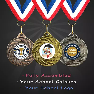 50mm Personalised School Impact Medal + Ribbon + Engraving + Your Own Logo • £1.50