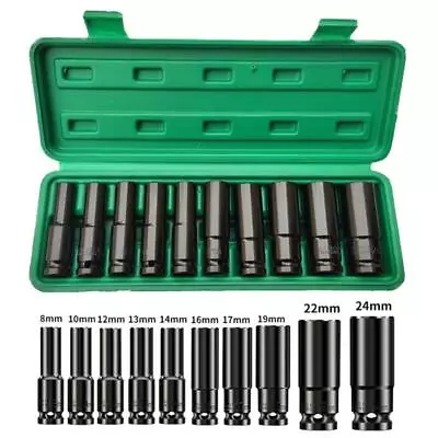 $21.98 • Buy 10Pcs 8-24Mm 1/2 Inch Drive Deep Impact Socket Set Heavy Metric Garage Tool