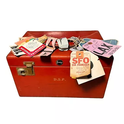 Shortrip Red Leather Carry On Train Luggage Case With Airline Tags Vintage • $14.98