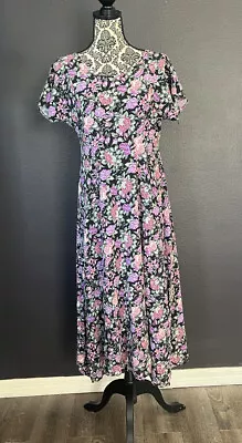 Vtg 90s Black Purple Floral Grunge Cottage Boho Dress S/M 36  Bust • $24.98