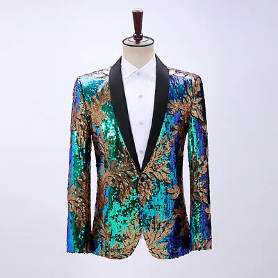 Men Suit Blazer Leaf Pattern Glitter Sequin Jacket Dress Party Dance Costume Top • $70.13