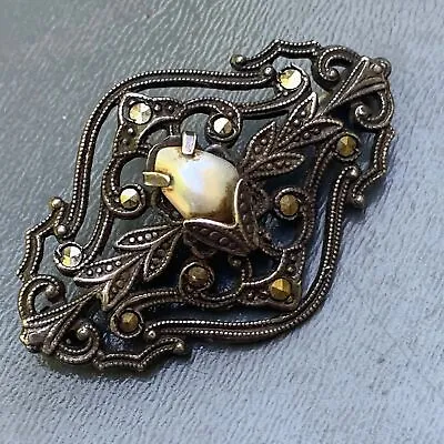 Vintage French Art Deco Sterling Silver Brooch . Marcasite  Blister Pearl Broa • $49