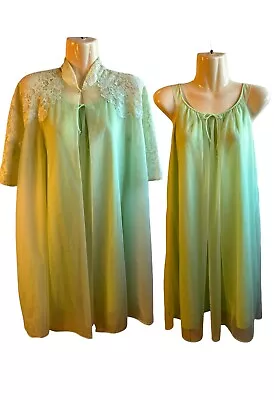 Vtg Lisette Al Sterling Green Sheer Chiffon Lace Nightgown Robe Peignoir Medium • $45