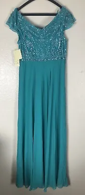 J Kara Women's Petite Back/Front Cowlneck Beaded Short Sleeve Gown 10P Aqua READ • $44.99