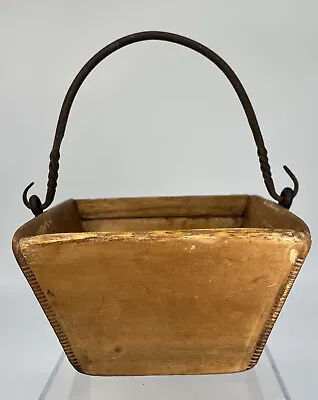 Vintage Primitive French Wooden Bucket Twisted Iron Handle Farm Cottage Decor • $74.80