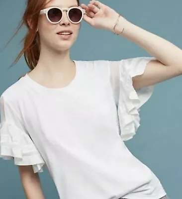 Anthropologie Vanessa Virginia White Sheer Ruffle Sleeve 100% Cotton Tee Small • $29.99